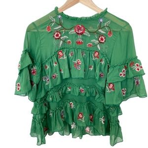 ZARA Green Embroidered Ruffle Blouse Top Floral XS